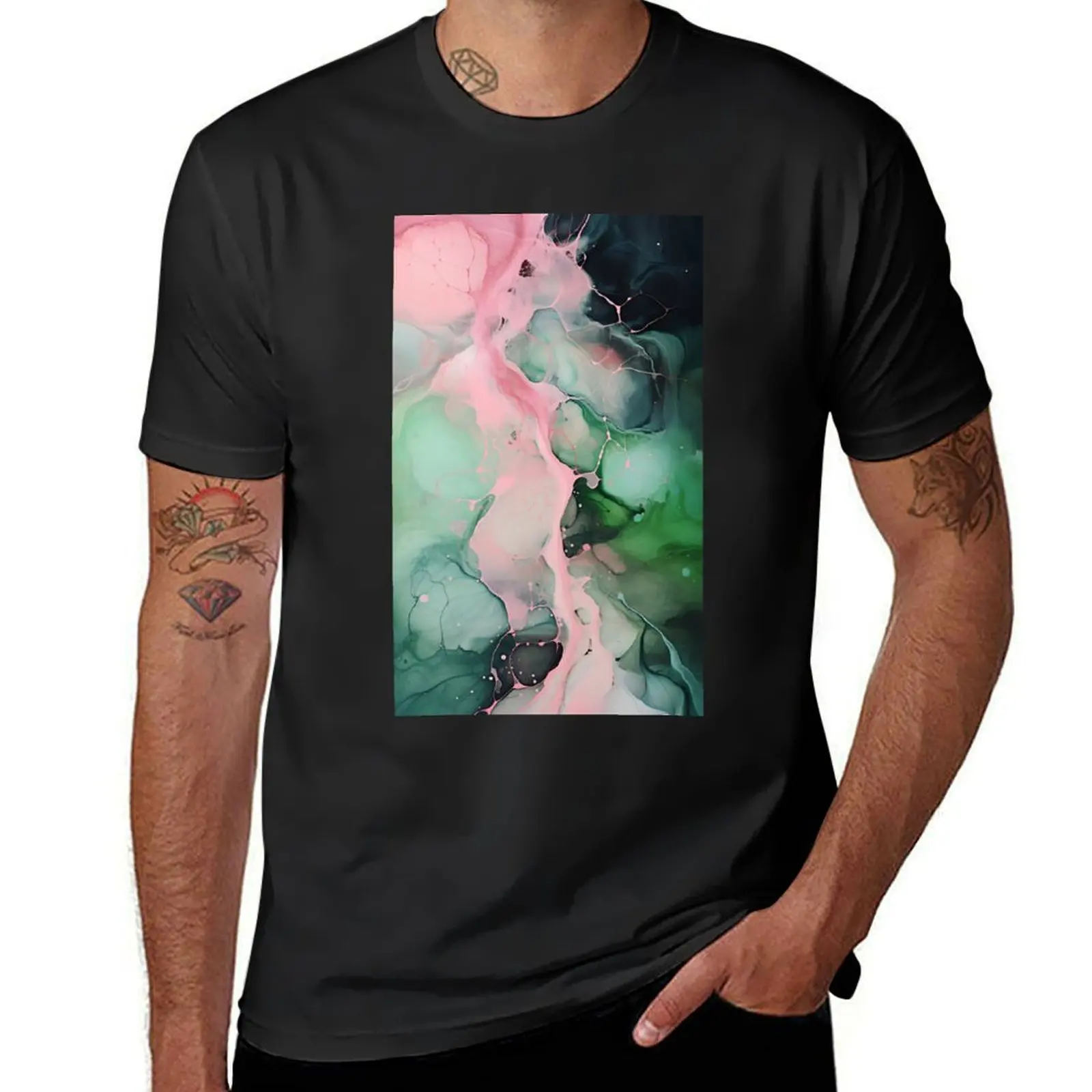 Enigmatic Fusion-абстрактная картина розовая зеленая и Черная Футболка Летний Топ