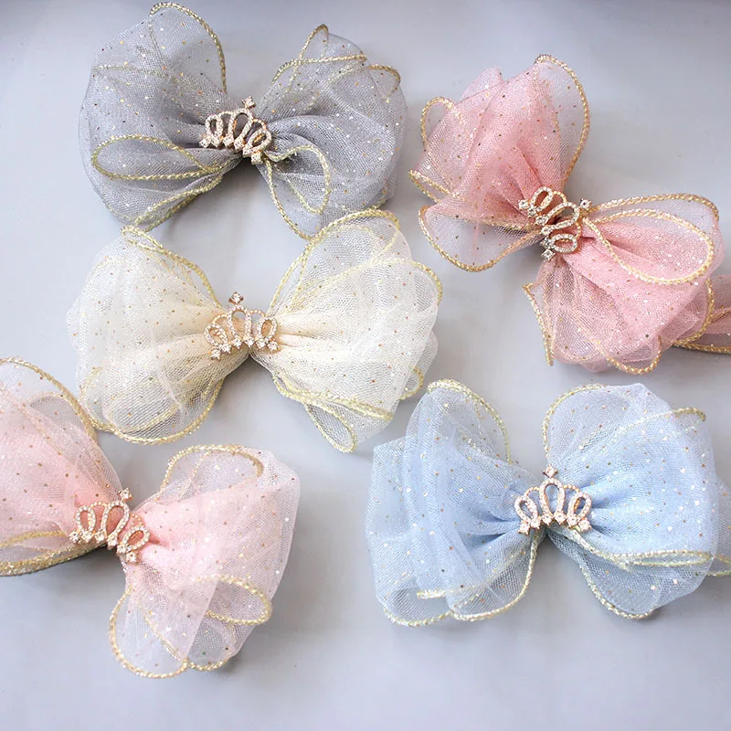 

New Children's Hair Accessories Net Yarn Bow Girls' Headdress Mesh Crown Princess Sweet Hairpin