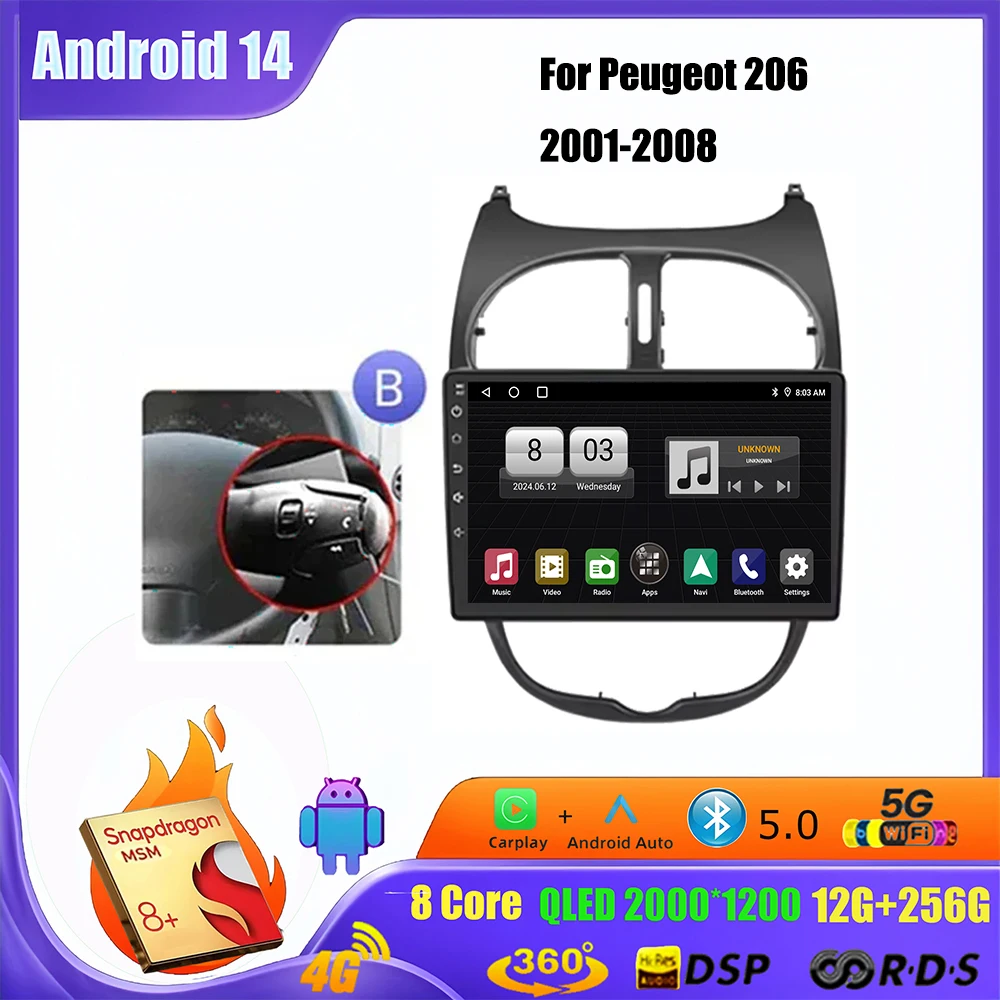 Фото Автомобильный радиоприемник 2 Din для Peugeot 206 206CC 206SW 2001-2008, беспроводной CarPlay Android 14, автомобильный интеллектуальный аудиосистема без 2 din, головное устройство №1