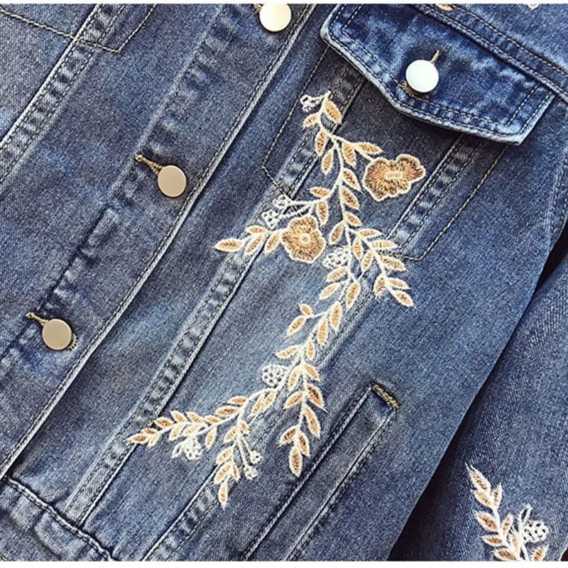 Spring Floral Embroidery Cropped Denim Jacket Designer Flower Jean Coat with Cotton Collar Women Korean Chi Basic Jeans Outwear - купить по