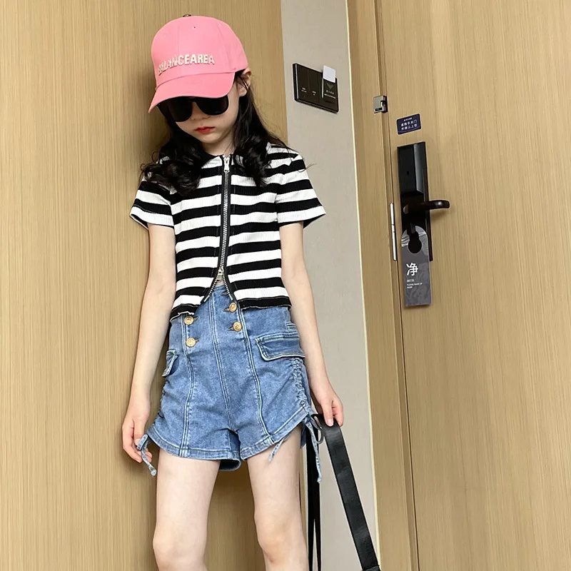 

12 year old Girl Summer Outfits Zipper Tops Denim Shorts 2 pieces Fashion Teen Girls Clothing Set