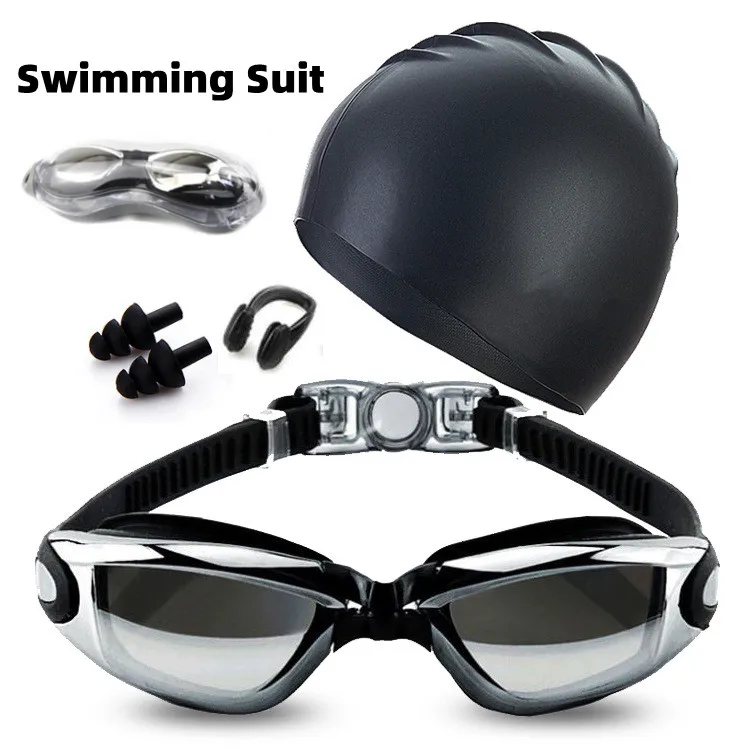 

Adult Swimming Suit HD Anti-fog Swimming Goggles Set Waterproof Silicone Nose Clip Earplugs Swimming Cap Swimming Goggles Set