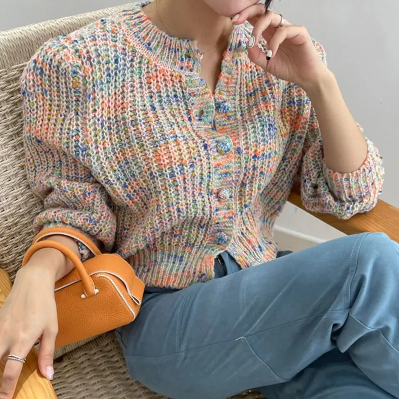 

ZCSMLL Korean Autumn Winter Vintage Round Neck Sweater Rainbow Color Design Single Breasted Long Sleeve Knitted Cardigan Women