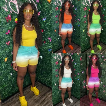 Women's Tracksuit 2 Piece Set Chic Sport Sleeveless T-shirt and Elastic Waist Shorts Tie-dye Print Women's Suit Outfits 1