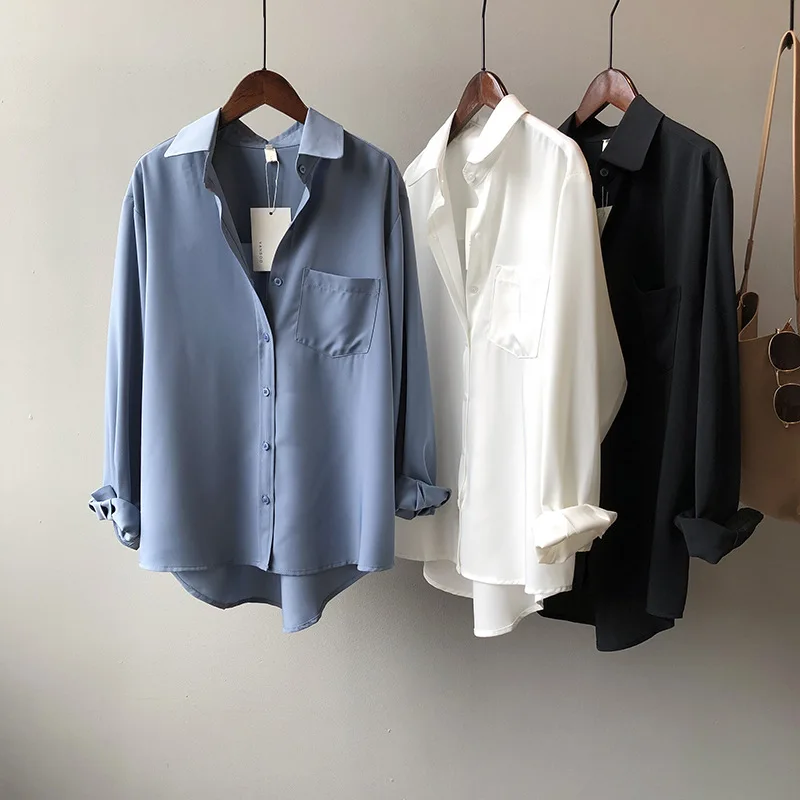 Long Sleeve Office Lady Blue Blouse Casual Fashion Loose White Button Long Shirt  2023 Autumn Shirts Turn Down Collar Tops