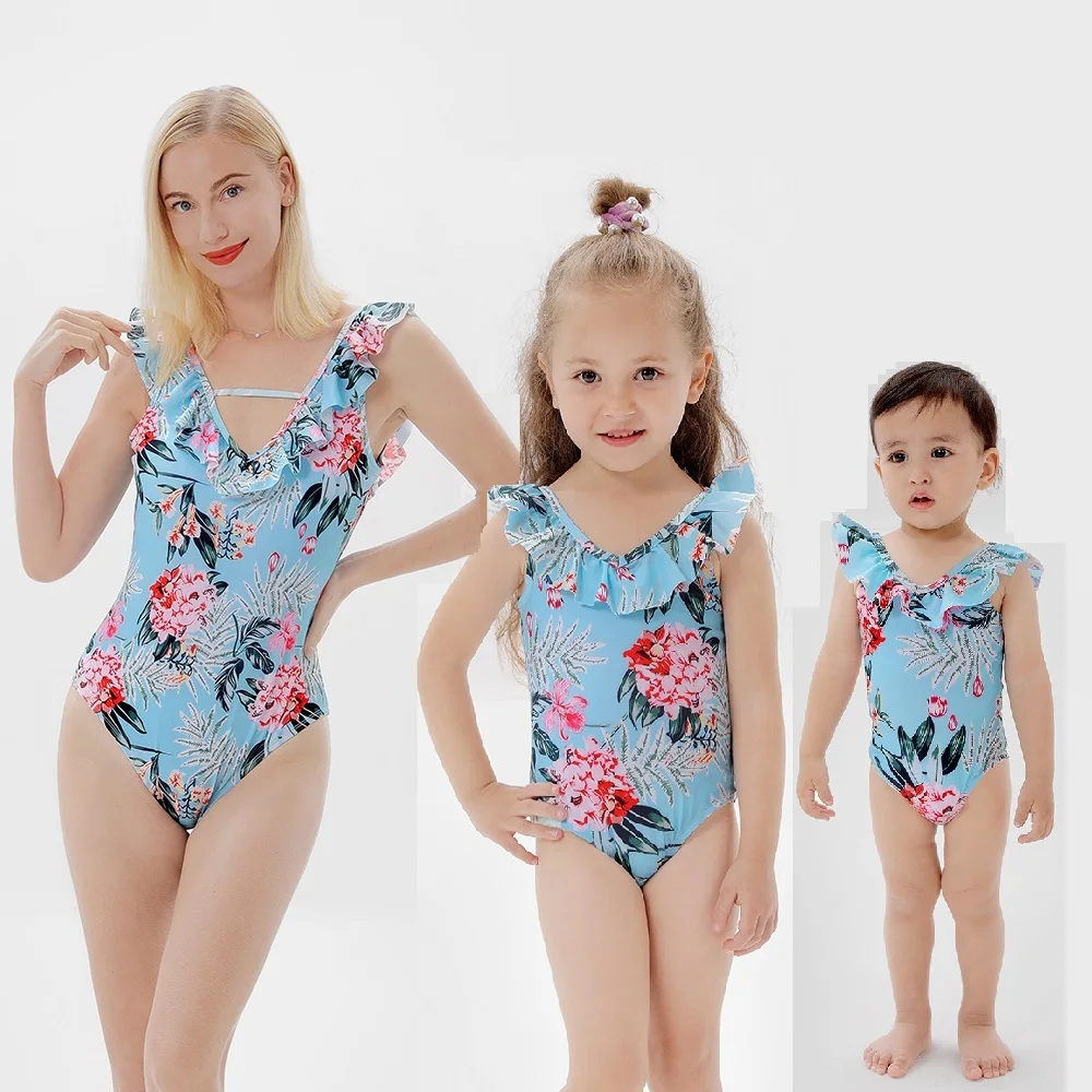 

V-Neck Swimsuits Family Set Flower Mother Daughter Matching Swimwear Ruffled Mommy and Me Bikini Clothes Women Girls Bath Suits