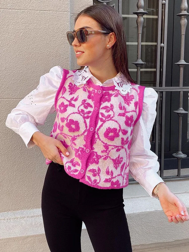 

Cardigans Vest Women 2022 Vintage Floral Jacquard Knitted Sweater Vest Round Neck Sleeveless Button Up Cropped Cardigan Sweaters