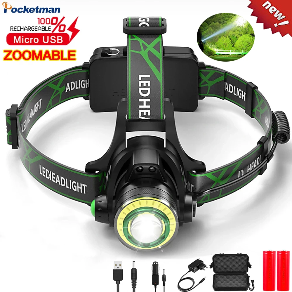 

Мощный светодиодный головной фонарь T6 COB USB DC, перезаряжаемый зуммируемый Головной фонарь, водонепроницаемый Головной фонарь с зумом, голов...