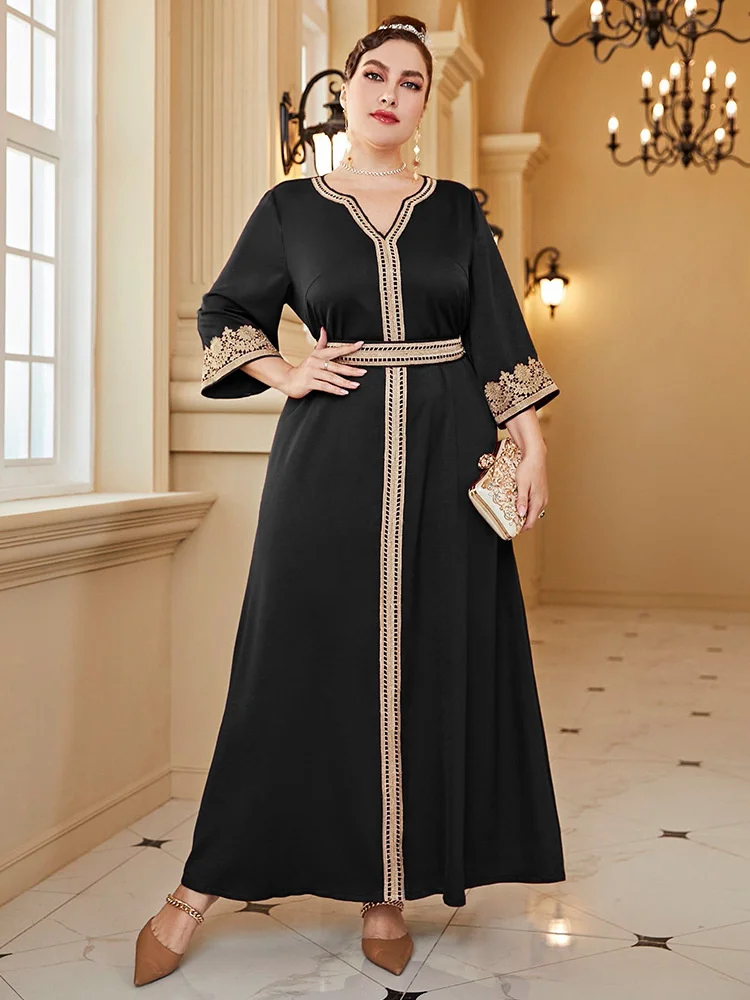 

Muslim Abaya Women's Loose Gown Dubai V-neck Flare Long Sleeve Dress Arab Dress Kaftan Evening Dress Fashion