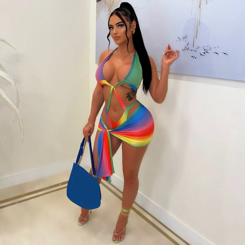 

WUHE Fashion New Chic Hollow Out Multicolor Bikini Set Two-Piece Outfits Womens Print Tied Front Swim Suits Set Beach Wear