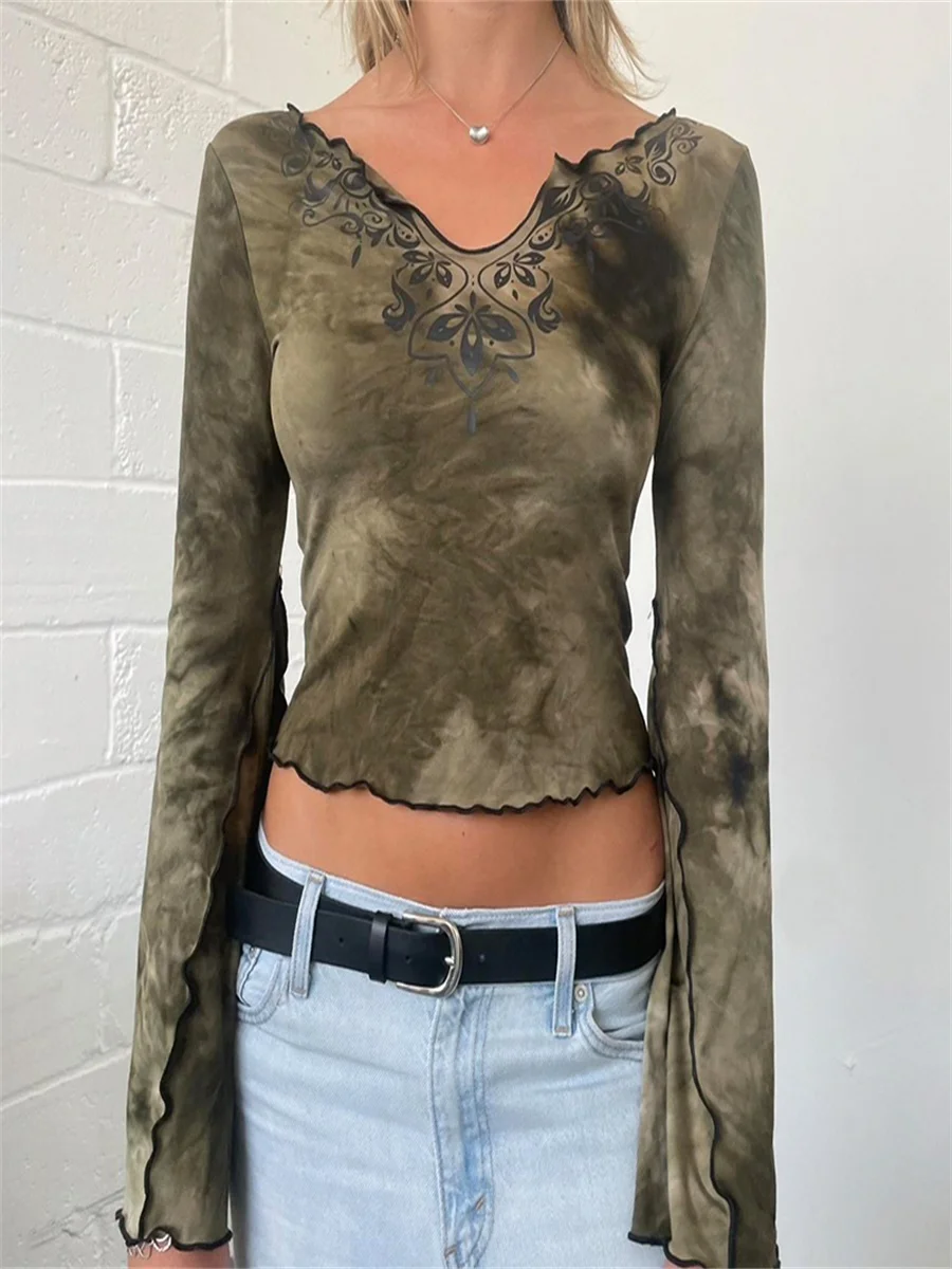 Женские укороченные топы с принтом тай-дай футболки длинными расклешенными