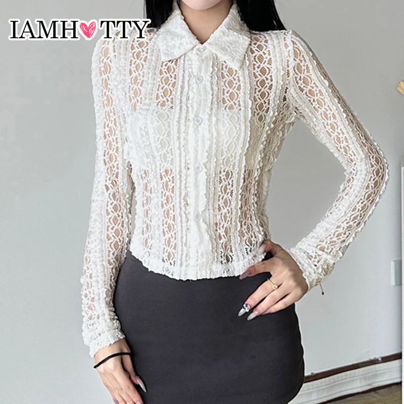 IAMHOTTY с вырезами вязанная крючком кружевная рубашка белая однотонная прозрачная