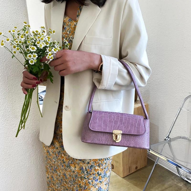 

Fashion Shoulder Handbag for Woman INS Korean Style PU Leather Bags Stone Crocodile Pattern Female Tote Hasp Closure Bolsa