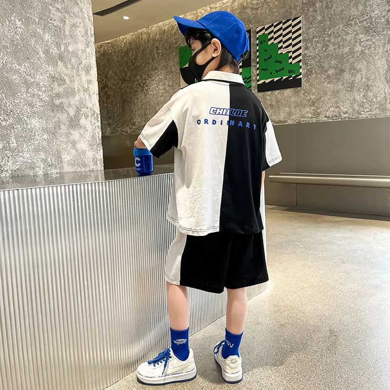 Children's Summer Clothing Set For Boys 2022 New Korean Style Kids Two-piece Tracksuit Patchwork Polo Shirt + Shorts Suit 5-14 Y