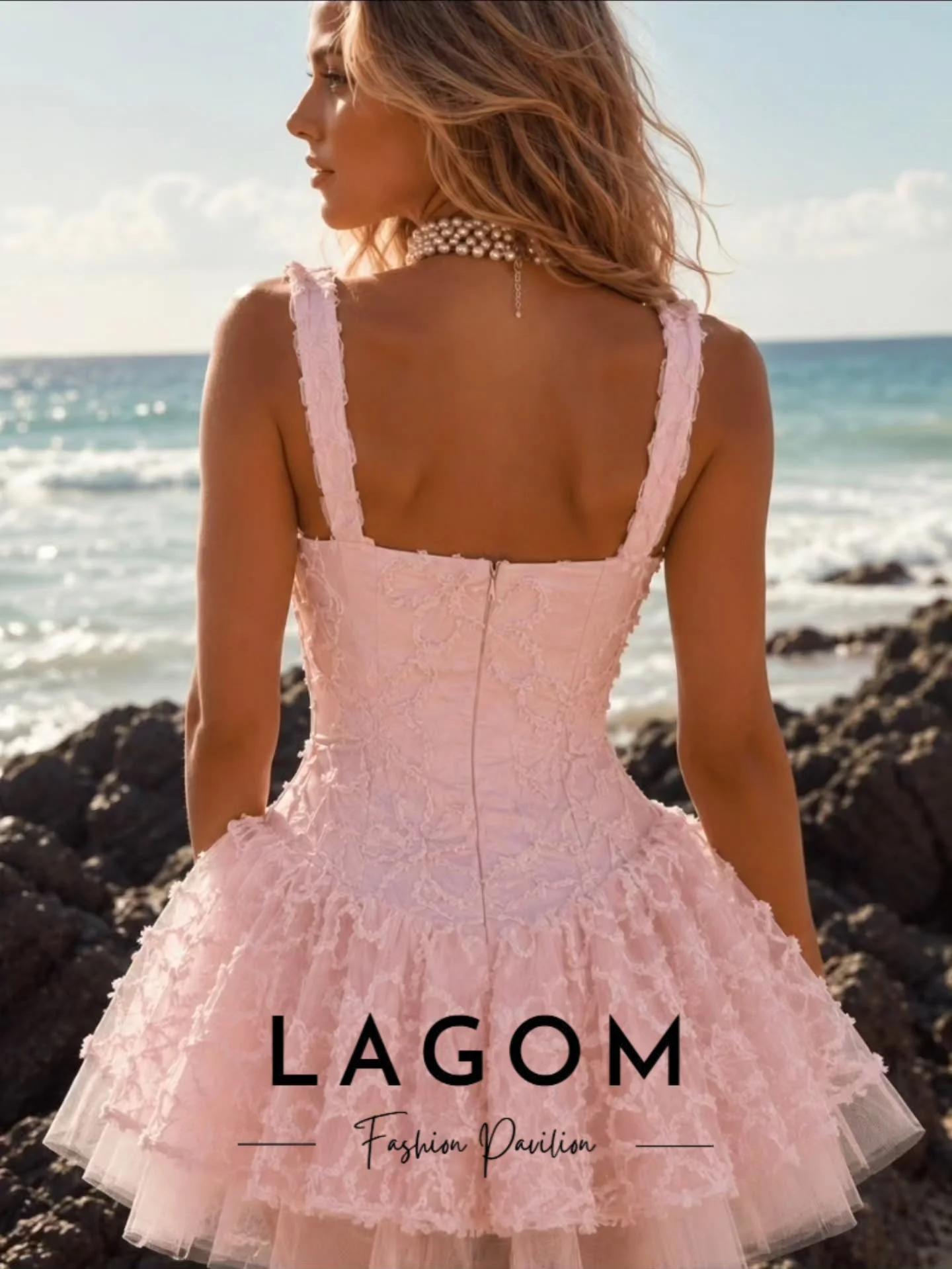 Фото Розовое коктейльное платье Lagom Sweetheart с корсетом, мини-длина, без рукавов, с 3D цветочными тюлевыми бретелями, изысканное, на заказ №1