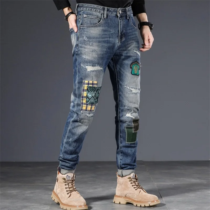 EH · MD Patch Stitched Jeans Men's Breathable Mesh Cloth Inner Lining Scraped Holes Pants Embroidered Soft Elastic Cat Claw Mark