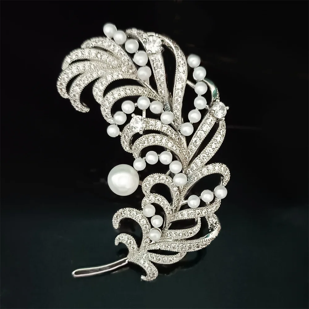 OKILY Heavy Duty Handmade Freshwater Pearl Feather Brooch Exquisite Zircon Feather Leaves Unisex Suit Pin Jewellery Ornament