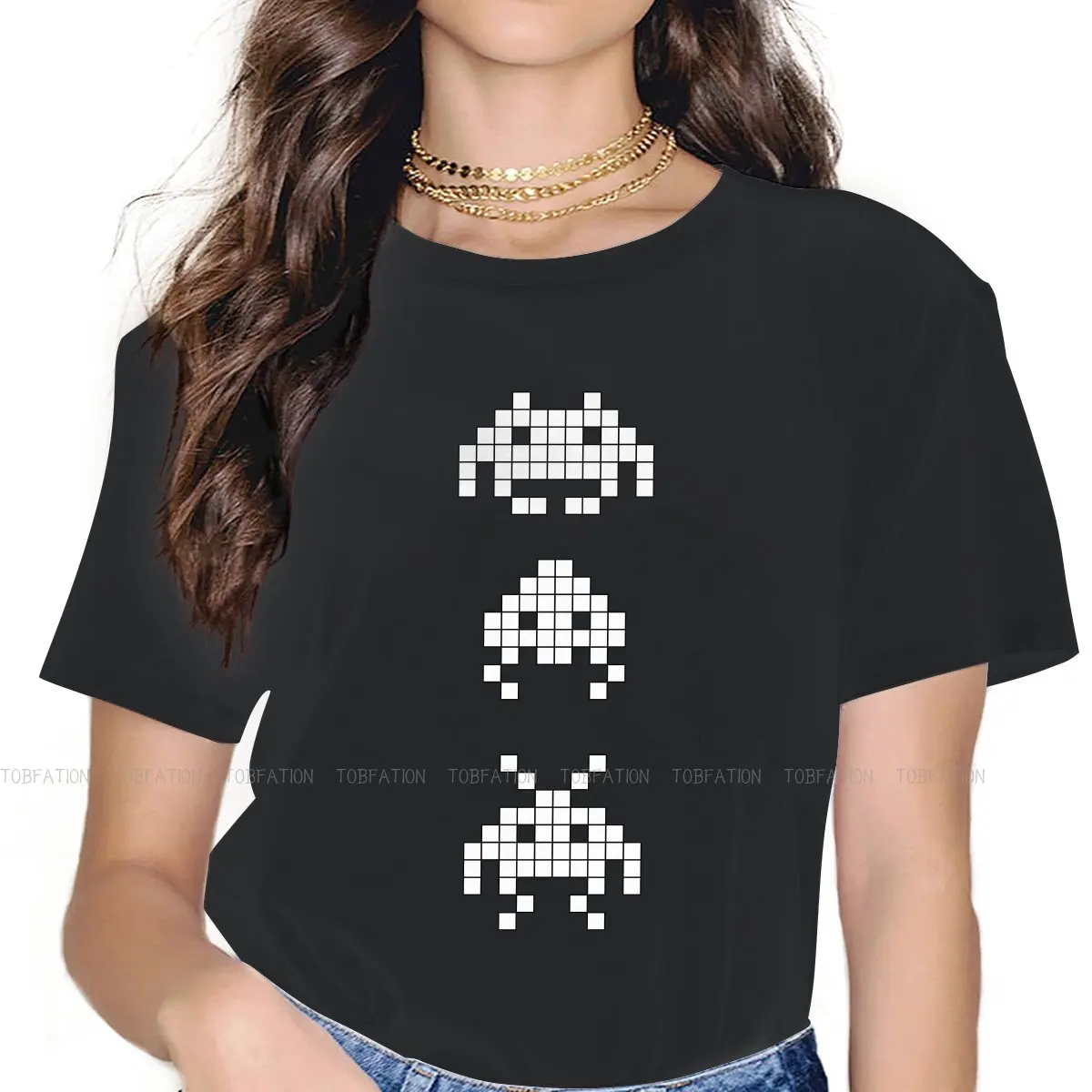 

Cute Women's T Shirt Space Invaders Game Ladies Tees Kawaii O-neck Tops Graphic Tshirt 5XL Loose Fashion