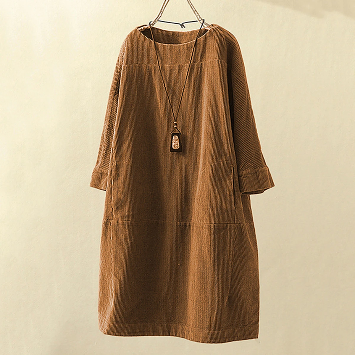 

10-color Retro Women's Long Skirt Solid Color Long-sleeved Round Neck Pocket Slit Corduroy Dress Female Clothing 2023 New