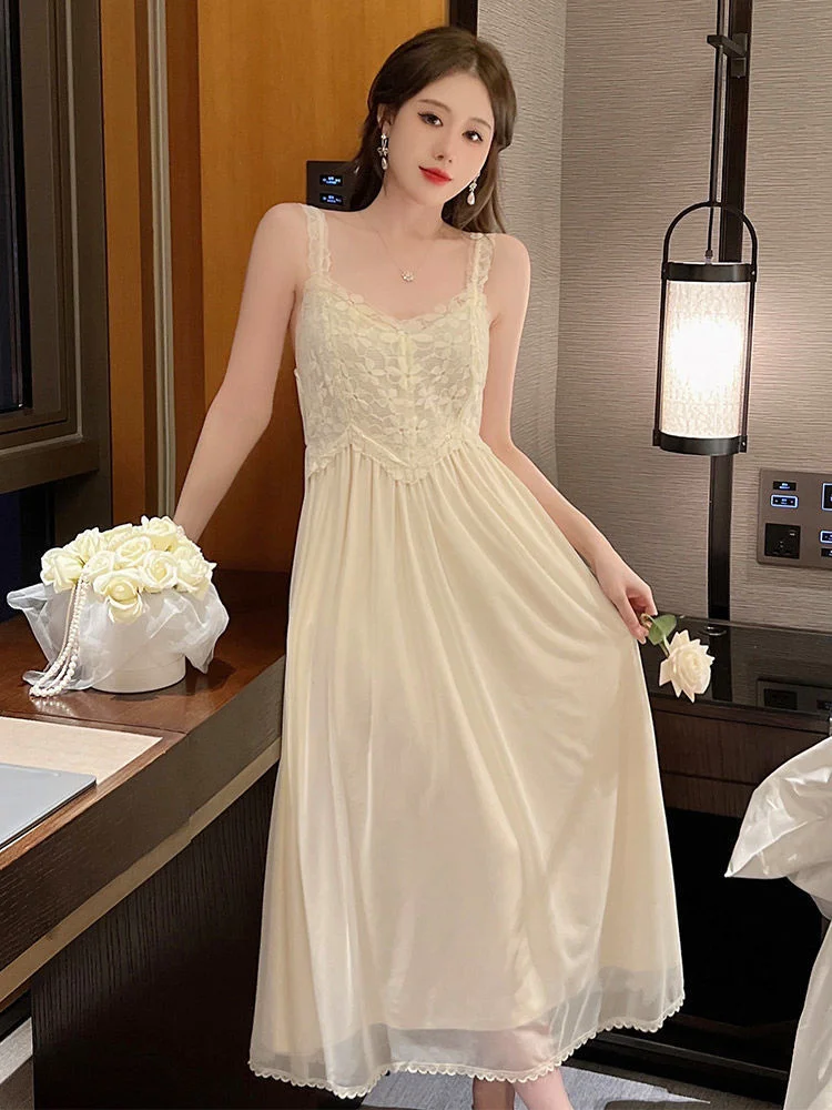Nightdress Women Lace Strap Palace Style Sexy Nightgowns Pajamas Summer Retro Elegant Sleepshirt Home Dressing Gown Pajama Dress