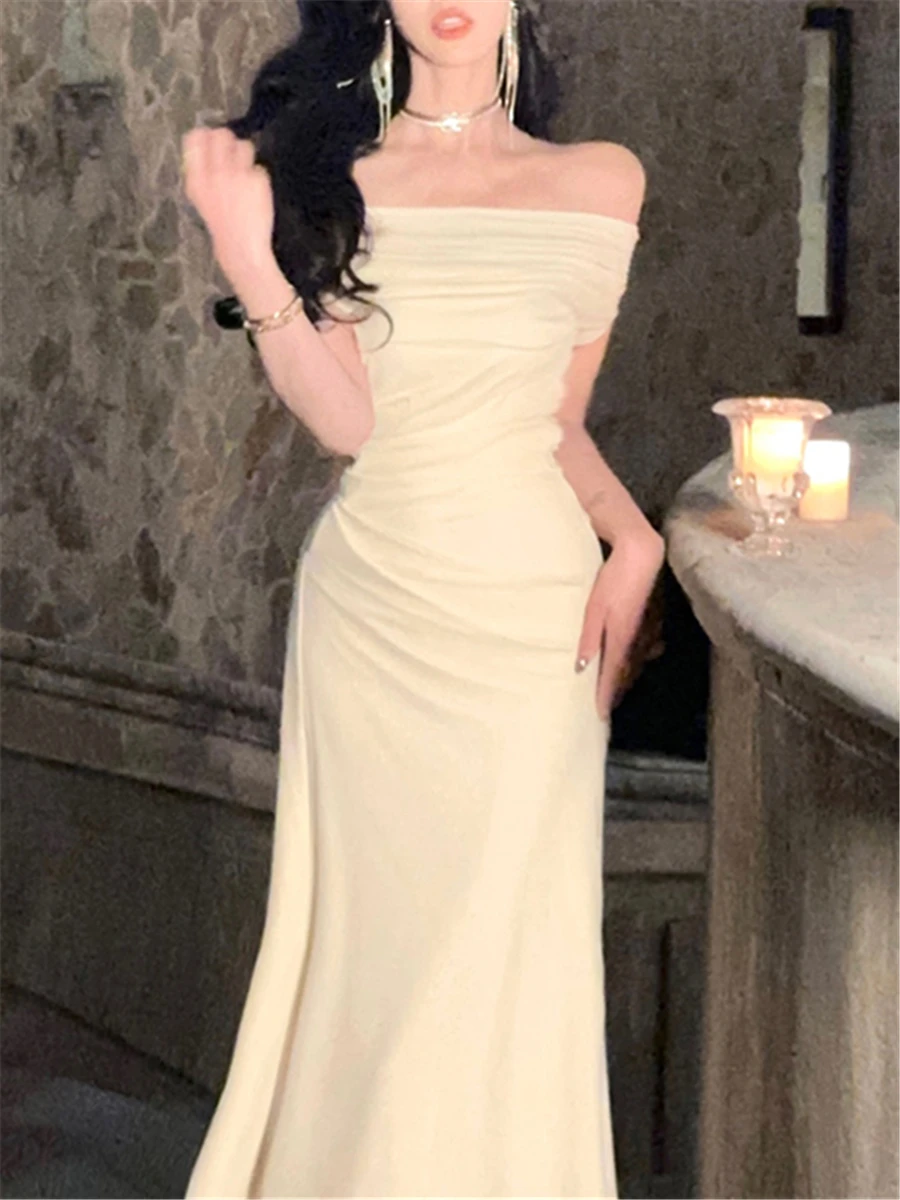 

Midi Dress Women Elegant Summer 2023 New Off Shoulder Collar Fashion Evening Vestidos Vintage Slim Clothes Female Korean Dresses