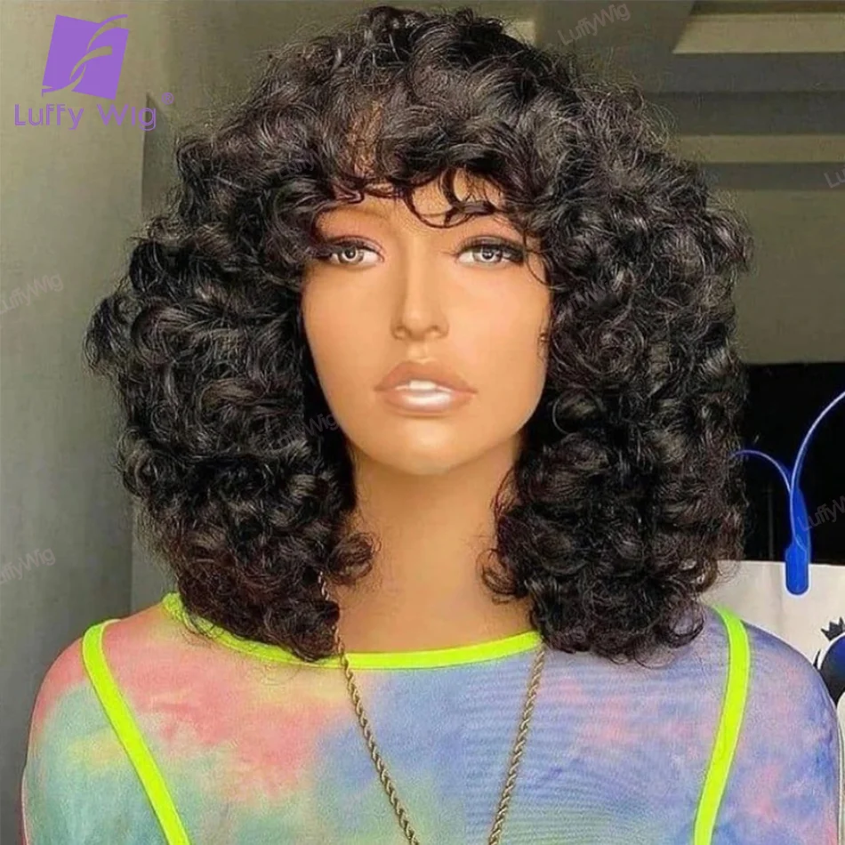 Bouncy Curly Wig Full Machine Made Human Hair Wigs Remy Brazilian Bangs Wig 180 Density For Women O Scalp Top Curly Hair