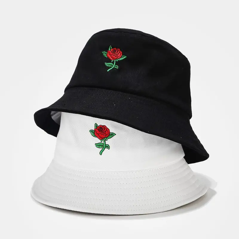 

New Rose Flower Embroidery Caps For Women Cotton Fisherman Cap Unisex Panama Hat Man Bucket Hats