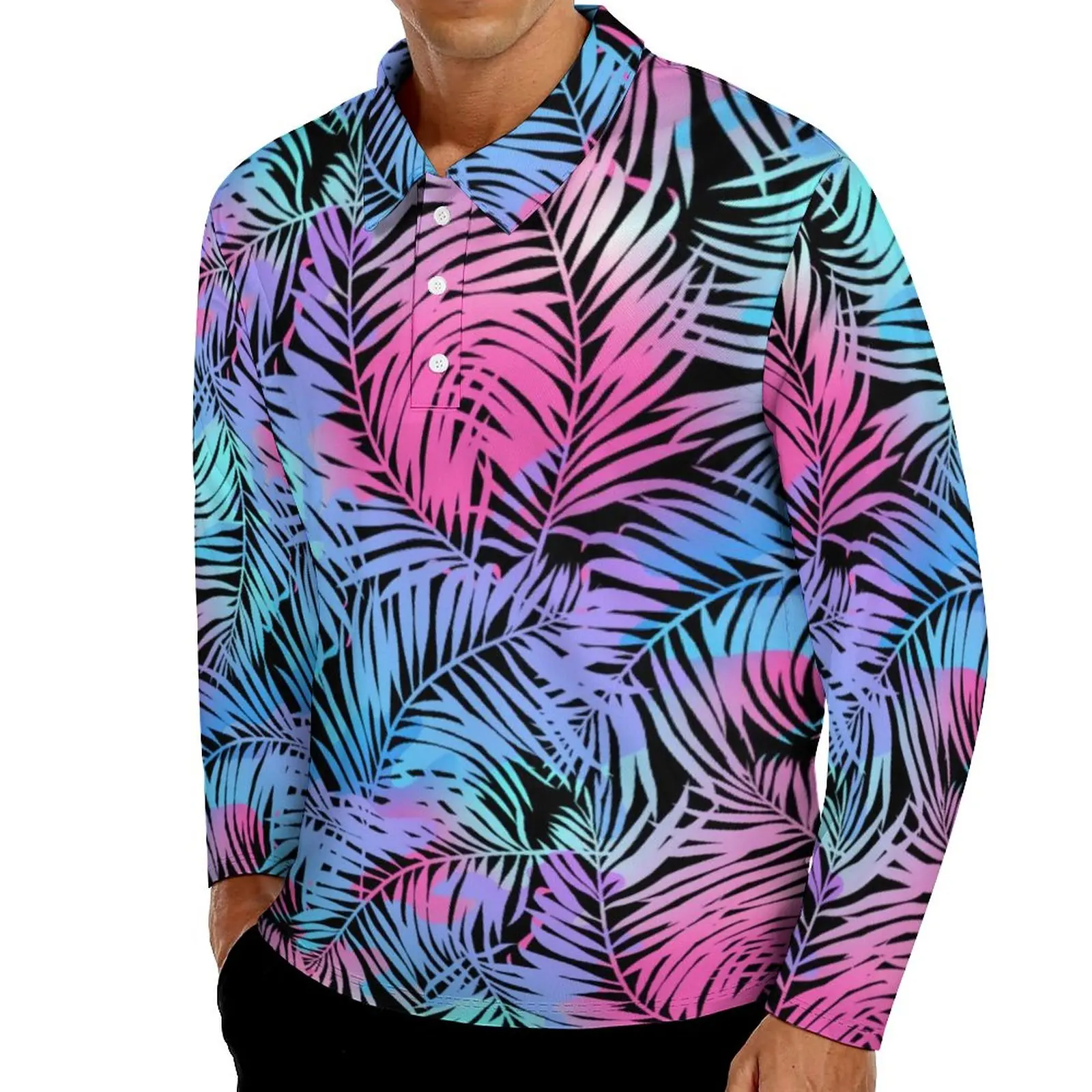 

Футболка-поло мужская с длинным рукавом, Повседневная рубашка с тропическим пальмом, с цветными листьями, с воротником, в уличном стиле, на о...