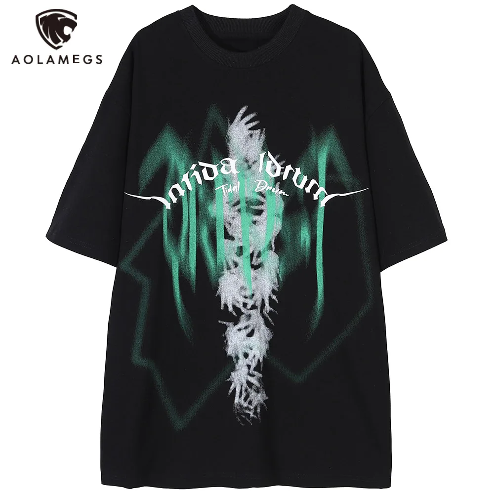 

Aolamegs Men Distorted Pattern Lightning Printed Oversized T-shirt Couple Short Sleeve Tops Fashion Cotton Tee Spring Streetwear
