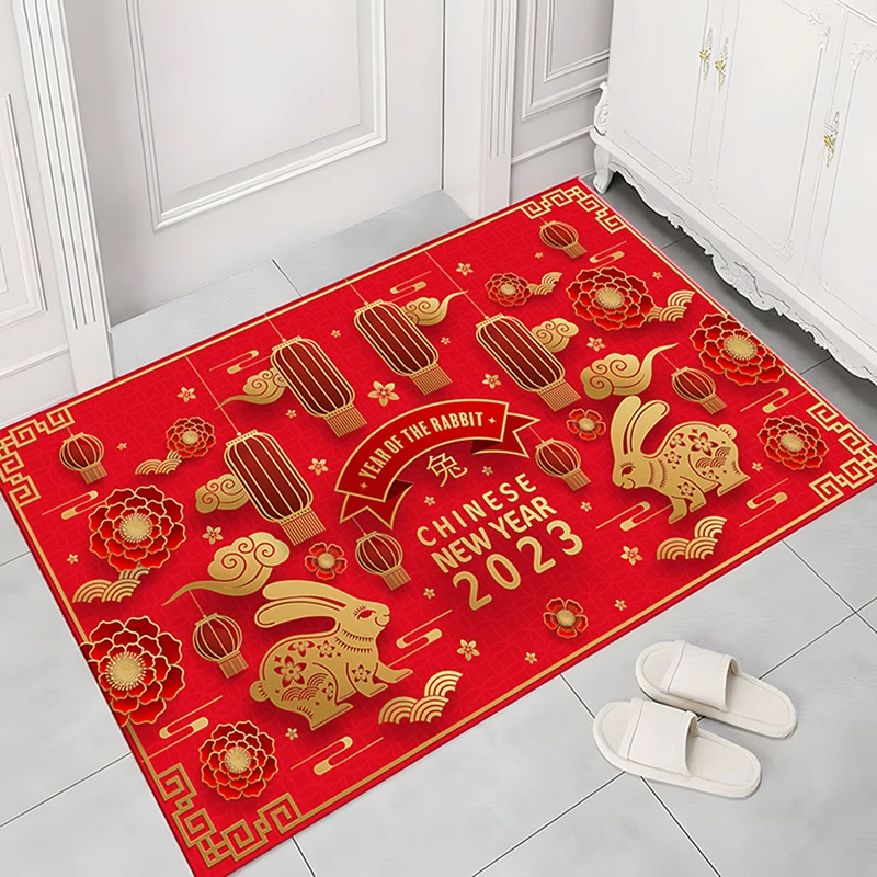 

Chinese Style Red Year of The Rabbit Carpet Doormat Decoration Gift 2023 Happy New Year Fluffy Tie-dye Carpet