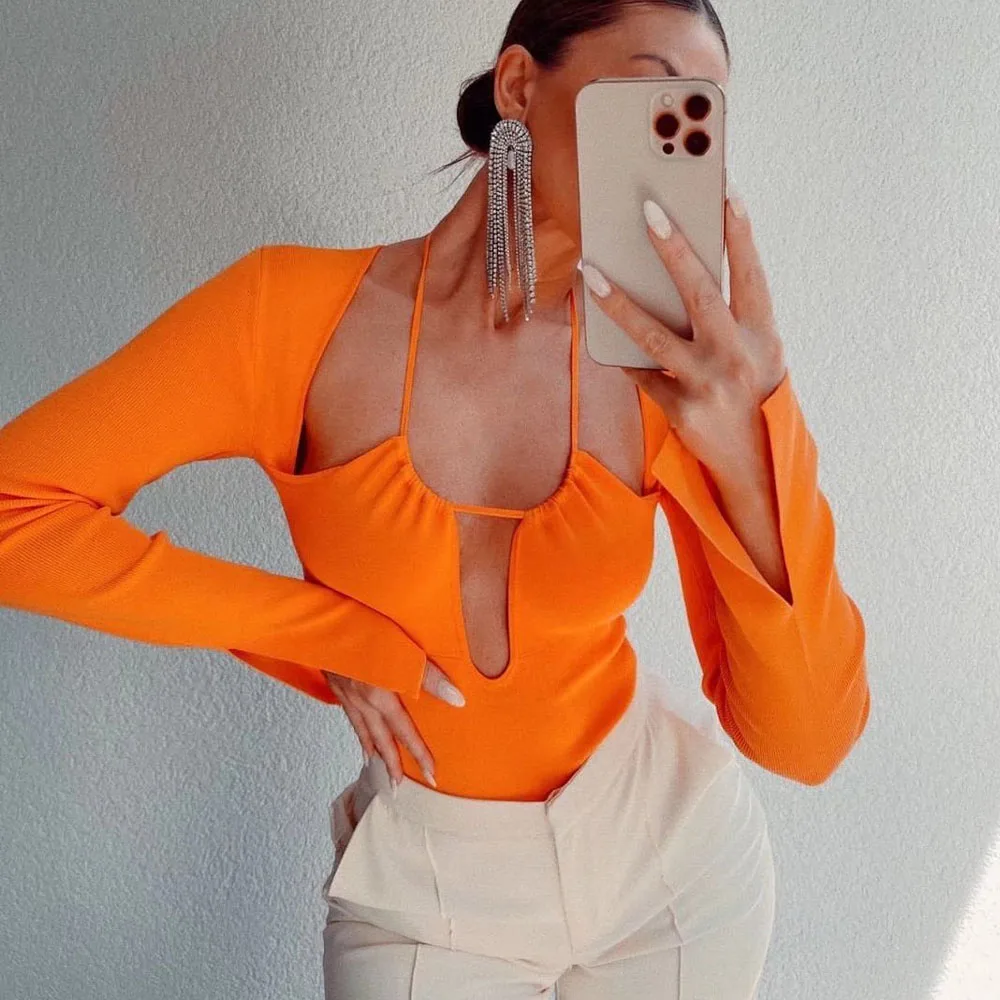 

ZATRHMBM женская одежда новая мода открытый вязаный Холтер Боди винтажный V-образный вырез Длинные рукава оранжевый комбинезон для женщин 2022