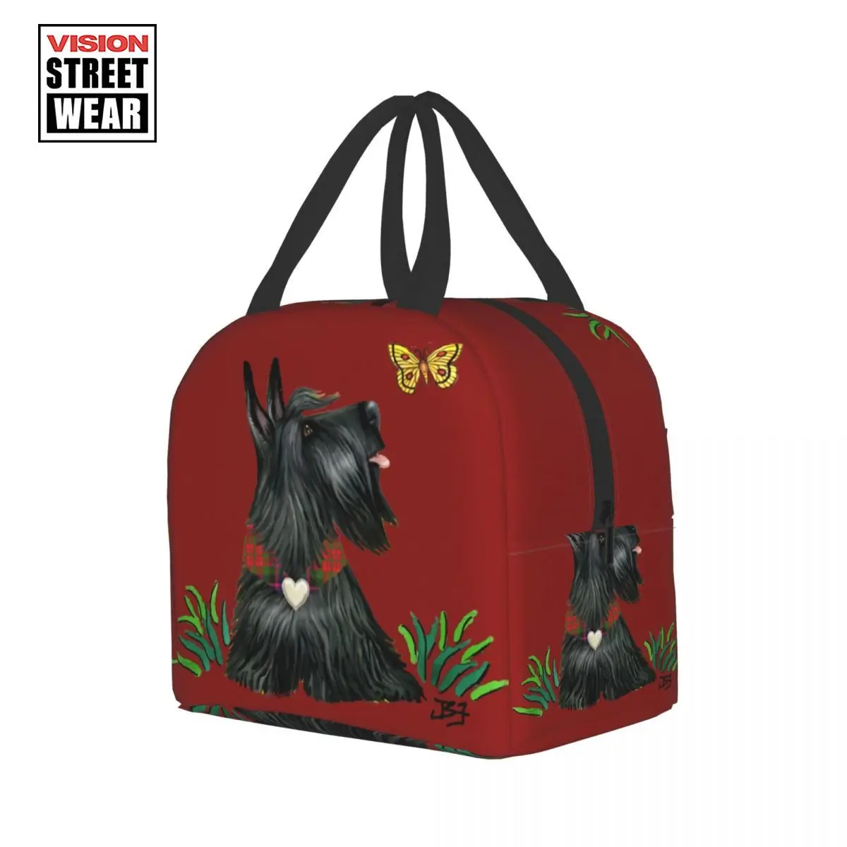 

Scottish Terrier Watching A Butterfly Thermal Insulated Lunch Bag Women Scottie Dog Resuable Lunch Tote Multifunction Food Box