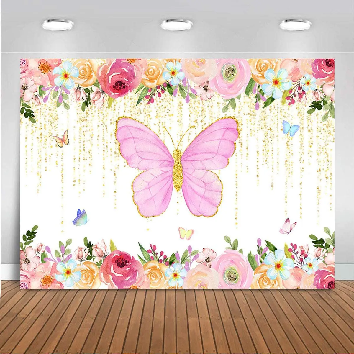 

Butterfly Floral Birthday Party Backdrop Girls Kids Photography Background Pink Flower Watercolor Glitter Dripping Table Banner