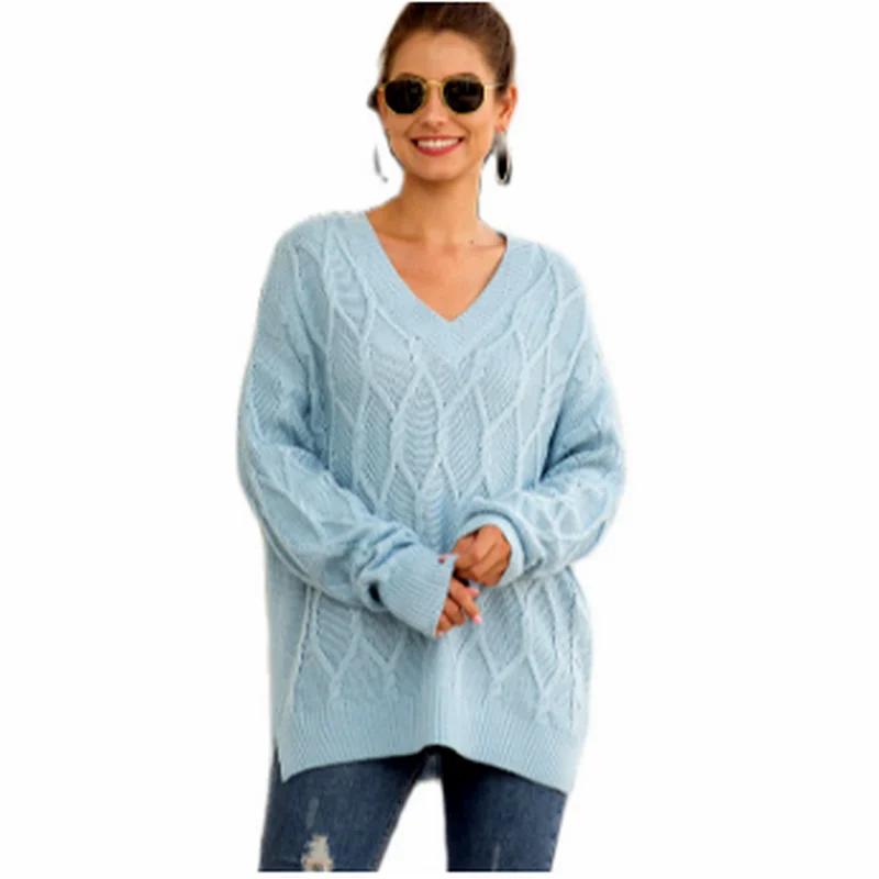 

Women V-Neck Wood Sweater Autumn Winter Thick Warm Tops Solid Color Long-Sleeved Ingot Simple Fashion Comfortable Casual