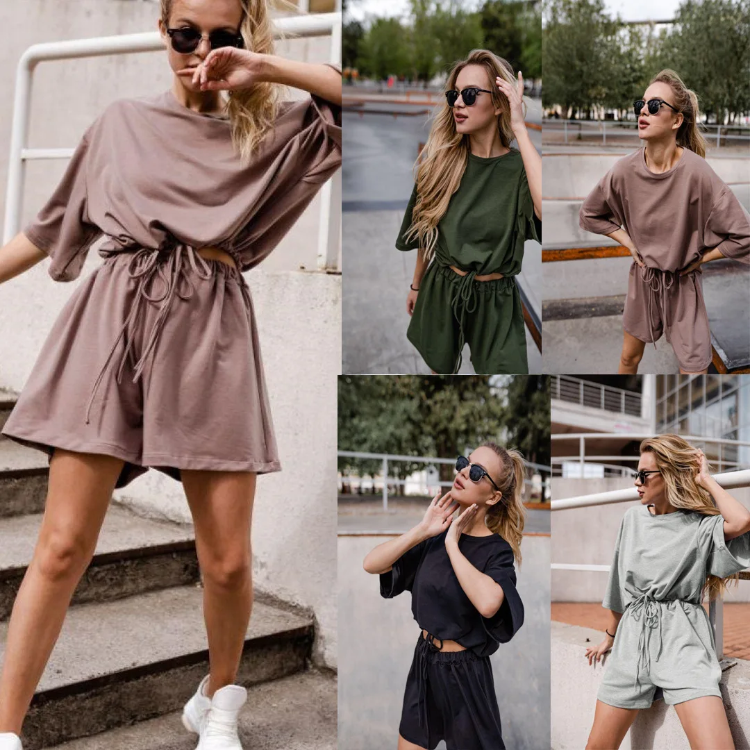 

2023 European and American Spring/Summer New Solid Color Home Casual Comfort Style Drawstring Shorts Set