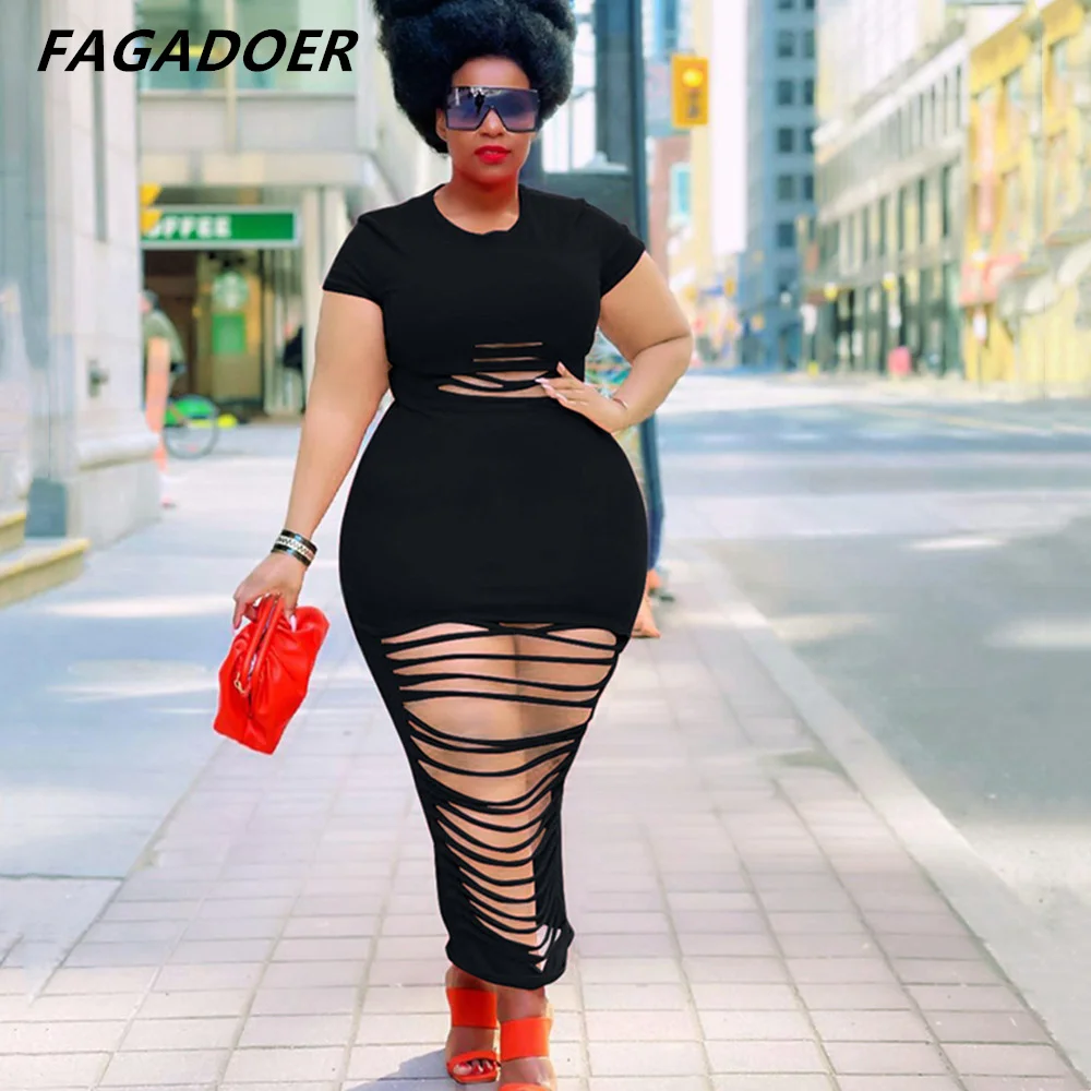 

FAGADOER Plus Size Sexy Hollow Out Dress 4XL Short Sleeve Round Neck Bodycon Fashion Streetwear Party Club Midi Dresses Summer