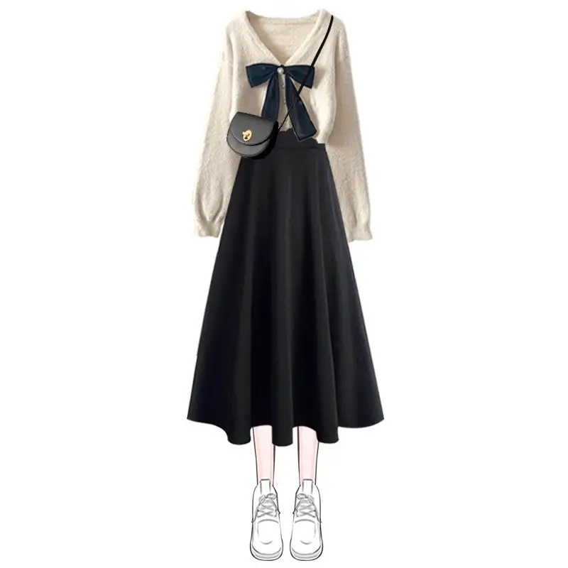 Осень-зима 2024 модный короткий вязаный свитер + платье комплект из двух предметов