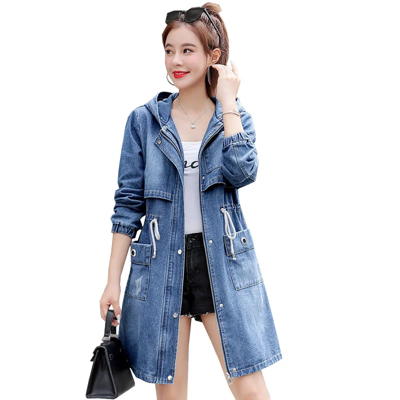 

Hooded Denim Jacket Women Spring Autumn Korean Outerwear Loose Vintage Windbreaker Coat Female Mid-length Jeans Outcoat