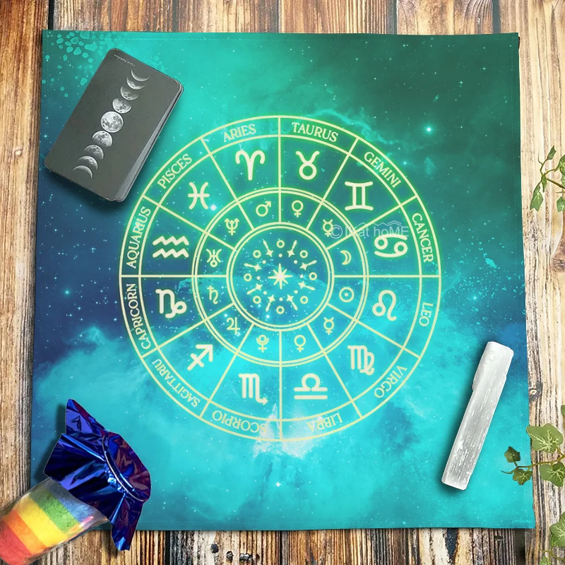 

12 Constellations Zodiac Wheel Tarot Tablecloth Moon Star Rune Altar Cloth Spiritual Crystal Pendulum Witchcraft Oracle Card Pad