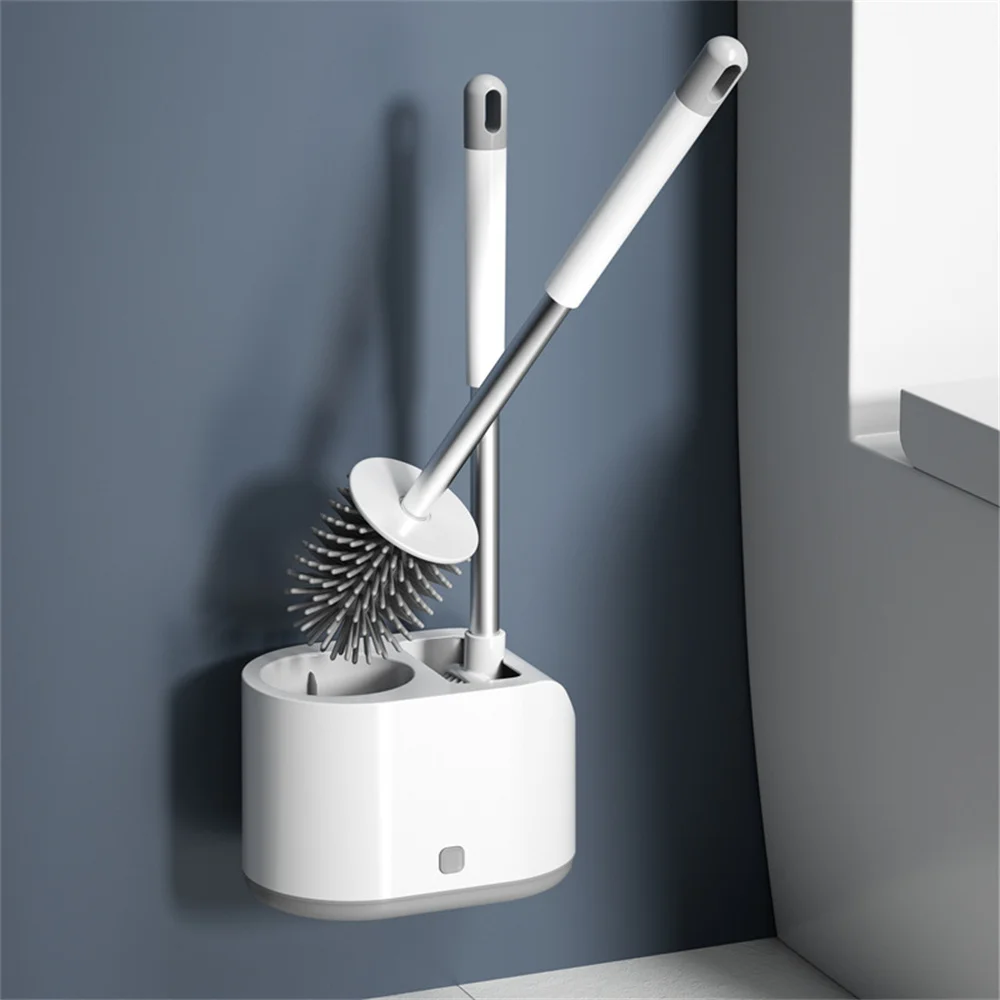

2 in 1 Silicone Head Toilet Brush Quick Draining Clean Tool Soft Bristles Brush Water Leak Proof with Base Bathroom Accessories