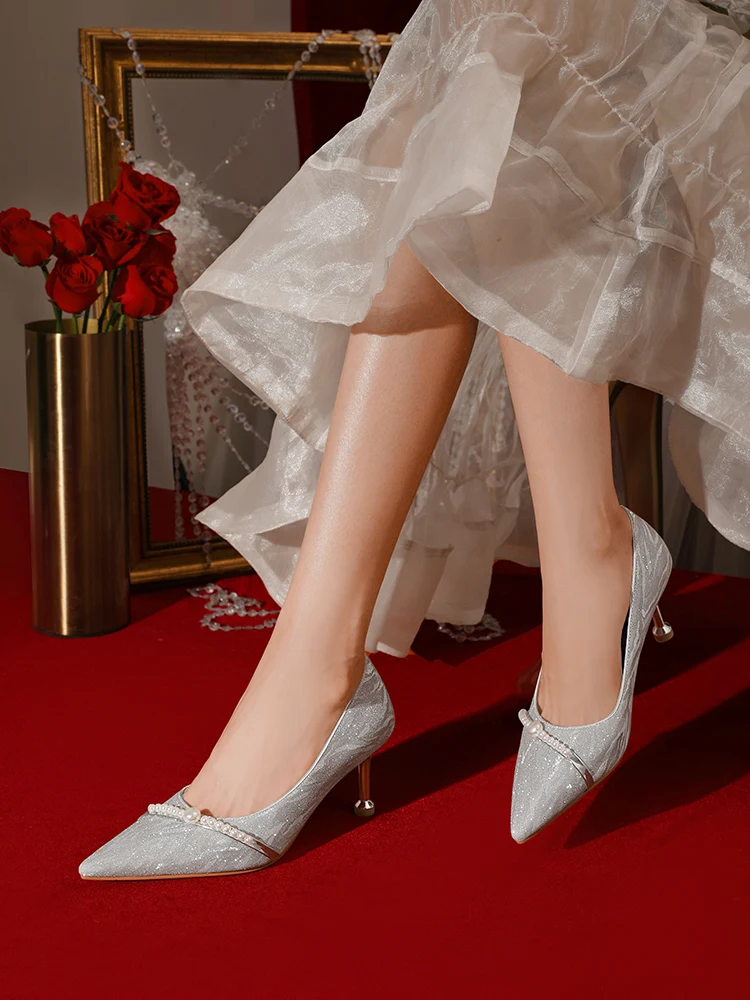 Crystal Shoes Wedding Shoes Main Wedding Shoes 2021 New Bride Shoes Golden Dress Shoes French Pearl High Heels Women's Shoes