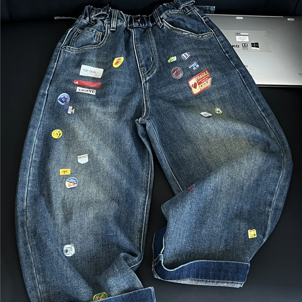 Фото 2025 новые модные детские прямые джинсы, повседневные джинсы American High Street Sle для мальчиков, сезон весны и осени №1