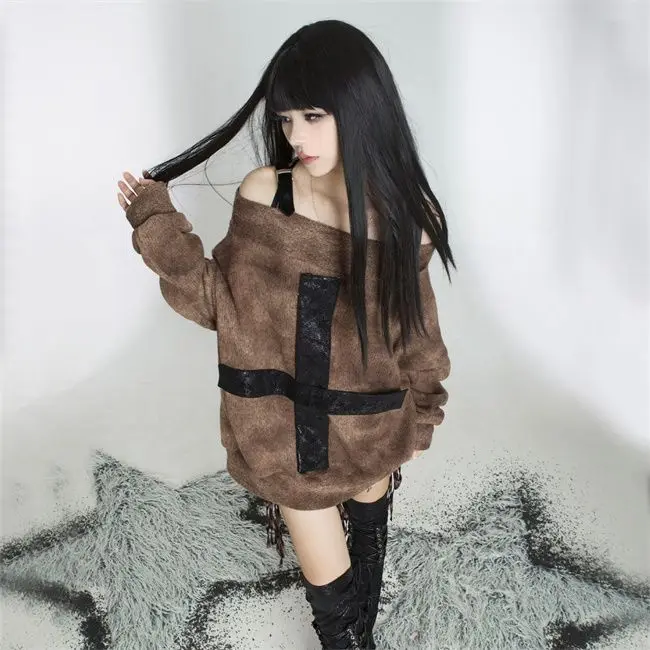 

Harajuku Gothic Knitted Sweaters Punk Girls Cross Off Shoulder Loose Sweater Outwear Female Autumn Winter Streetwear 2022 New