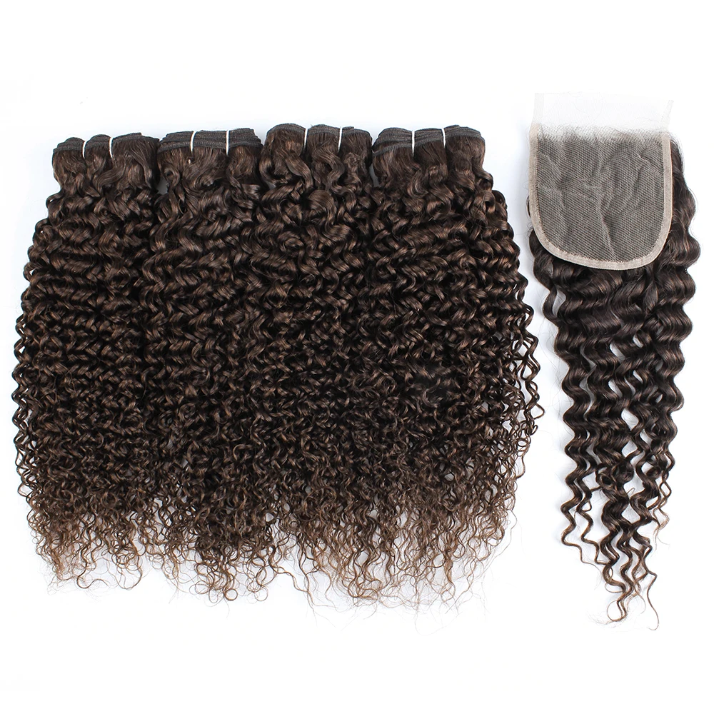 #2 Jerry Curly 3/4 Bundles With 4*4 Lace Closure Darkest Brown Color Remy Brazilian Human Hair Wefts 4x4 Lace Closures