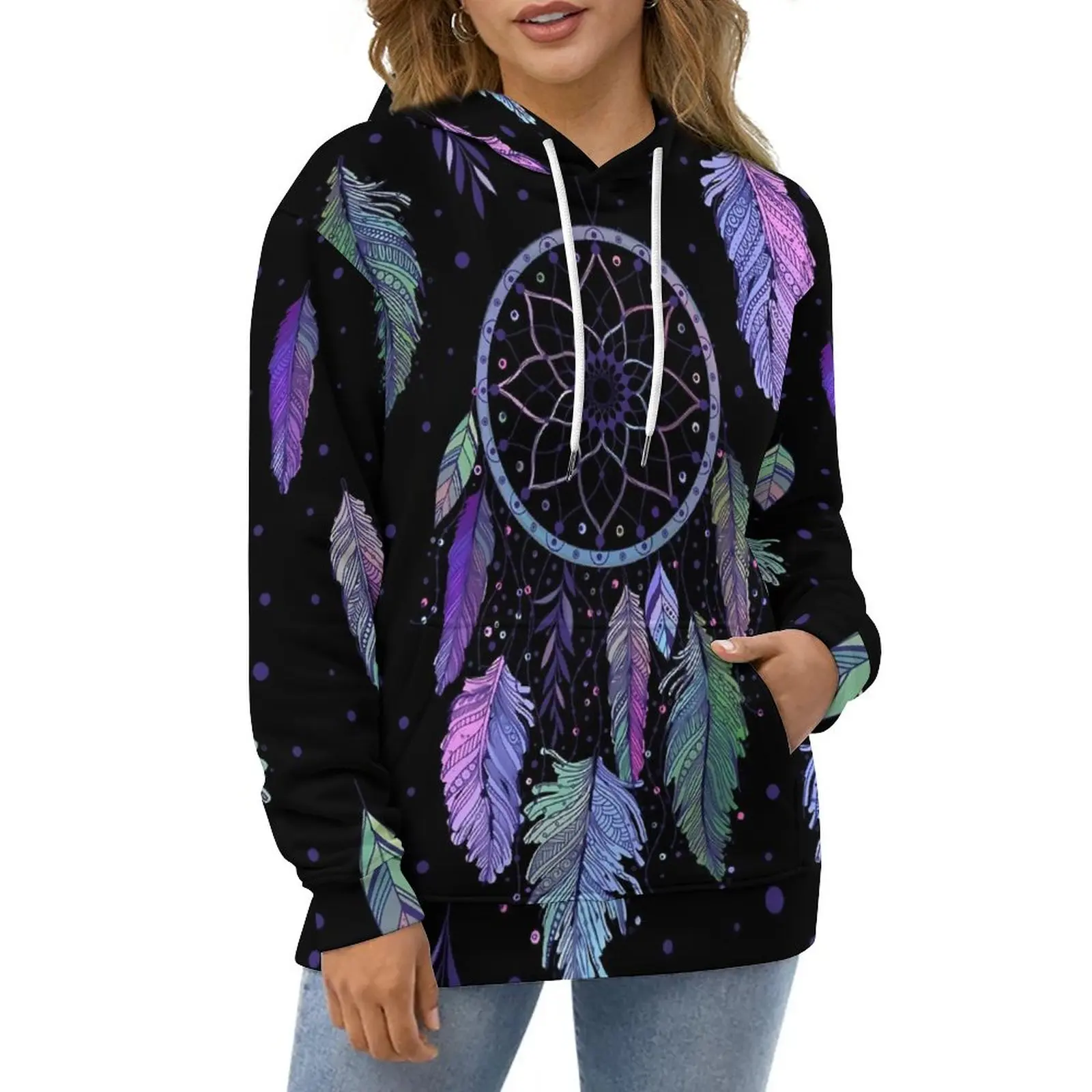 

Dream Catcher Hoodies Long-Sleeve Colorful Feather Casual Hoodie Winter Street Wear Oversized Custom Loose Hooded Sweatshirts