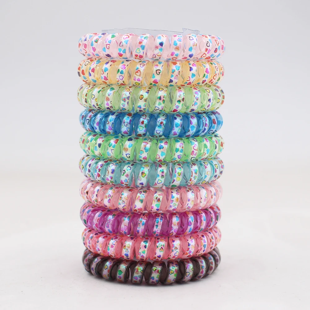 2022 New Women  Heart Stars Telephone Wire Rubber Bands Stretchy Colors Non-mark Spiral Coil Ropes  5.5cm Solid Hair Ties 10pcs