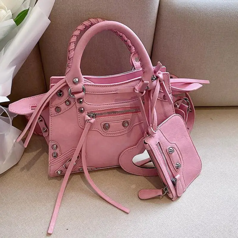 

Brand Designer Purses And Handbags Women Bag 2022 New Luxury Shoulder Messenger Bags Pink Leather Studded Hand Bag Set 3 Pc Punk
