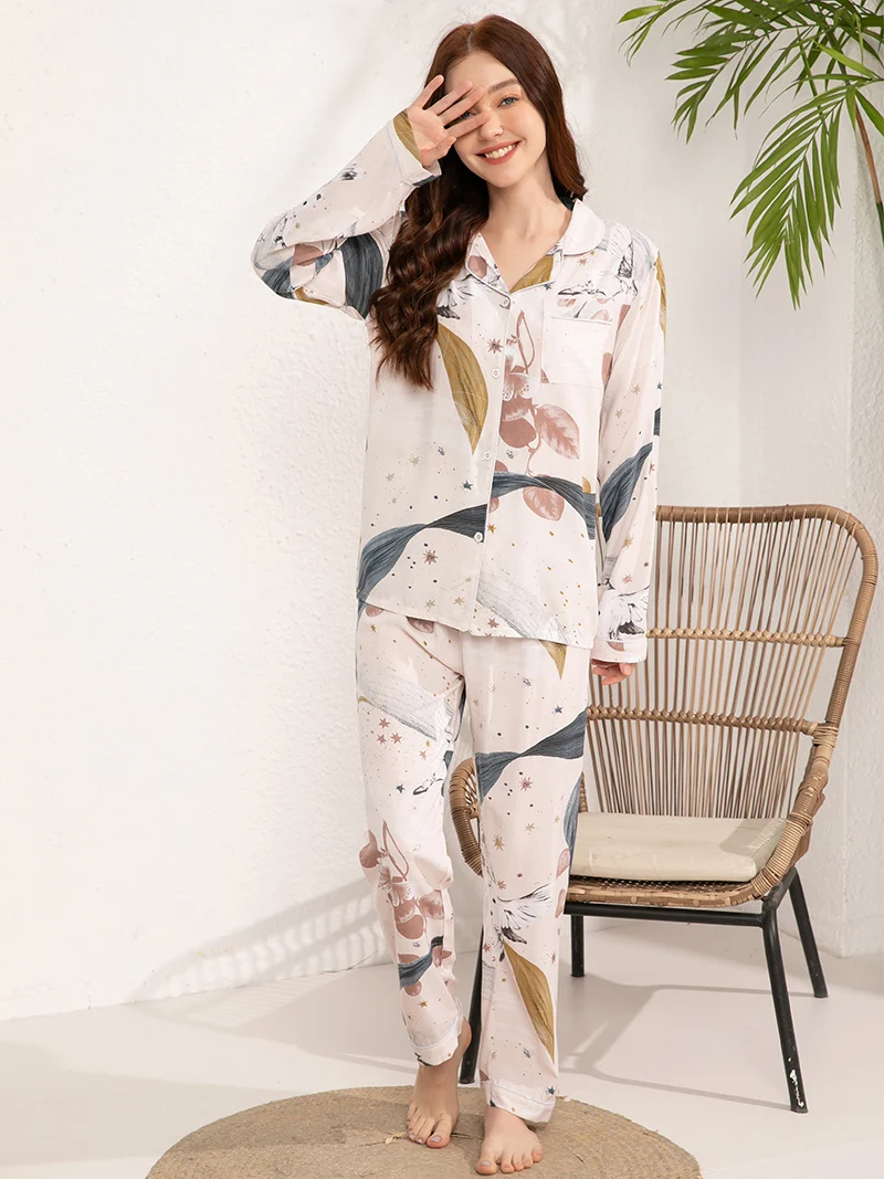 Women Home Clothes for Spring and Autumn Pajamas Set Long -Sleeved Plus Size S-3XL 100% Viscose  Loose Nightwear Suit Casual