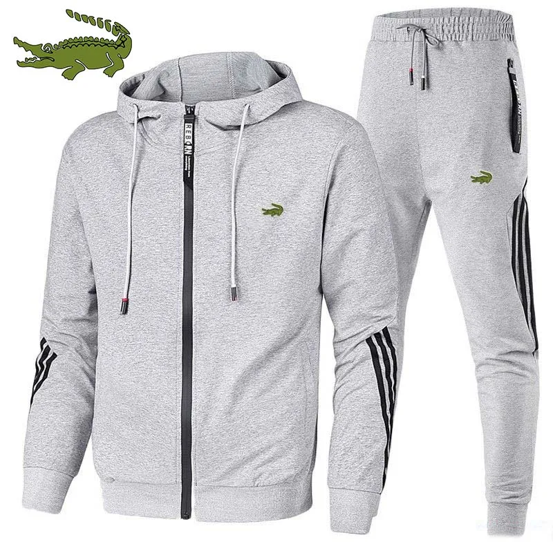 High-quality Embroidered Men's Sports Zipper Hooded Suit Trendy Outdoor Sports Sets Printed Jacket + Pants Fitness Jogging Suit