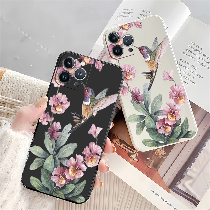 Чехол для телефона с рисованными цветами и птицами iPhone 13 15 14 11 12 Pro Max Mini X XS XR 7 8 Plus SE
